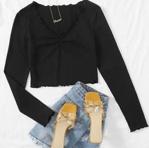 SHEIN Black Ruched Detail Lettuce Edge Long Sleeve Tee